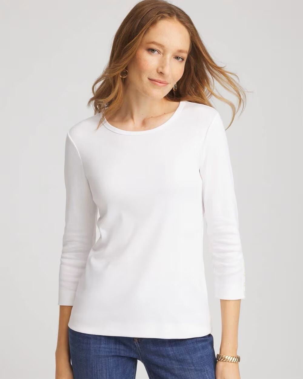 NEW Chico's Pima Cotton 3/4 Sleeve Tee Women's White Round Button Size 3